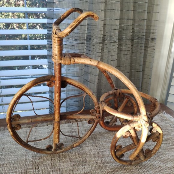 Bamboo Large Tricycle Big Wheel Vintage Plant Stand 17" - Picture 1 of 13